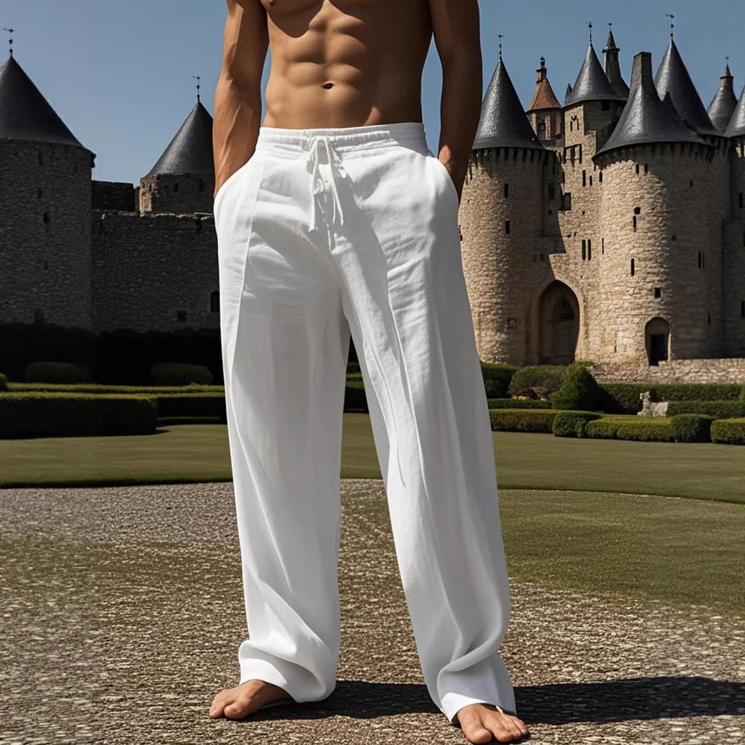 Loose Casual Linen Straight Pants Holiday Leisure Men's Solid Color Versatile Beach Trousers