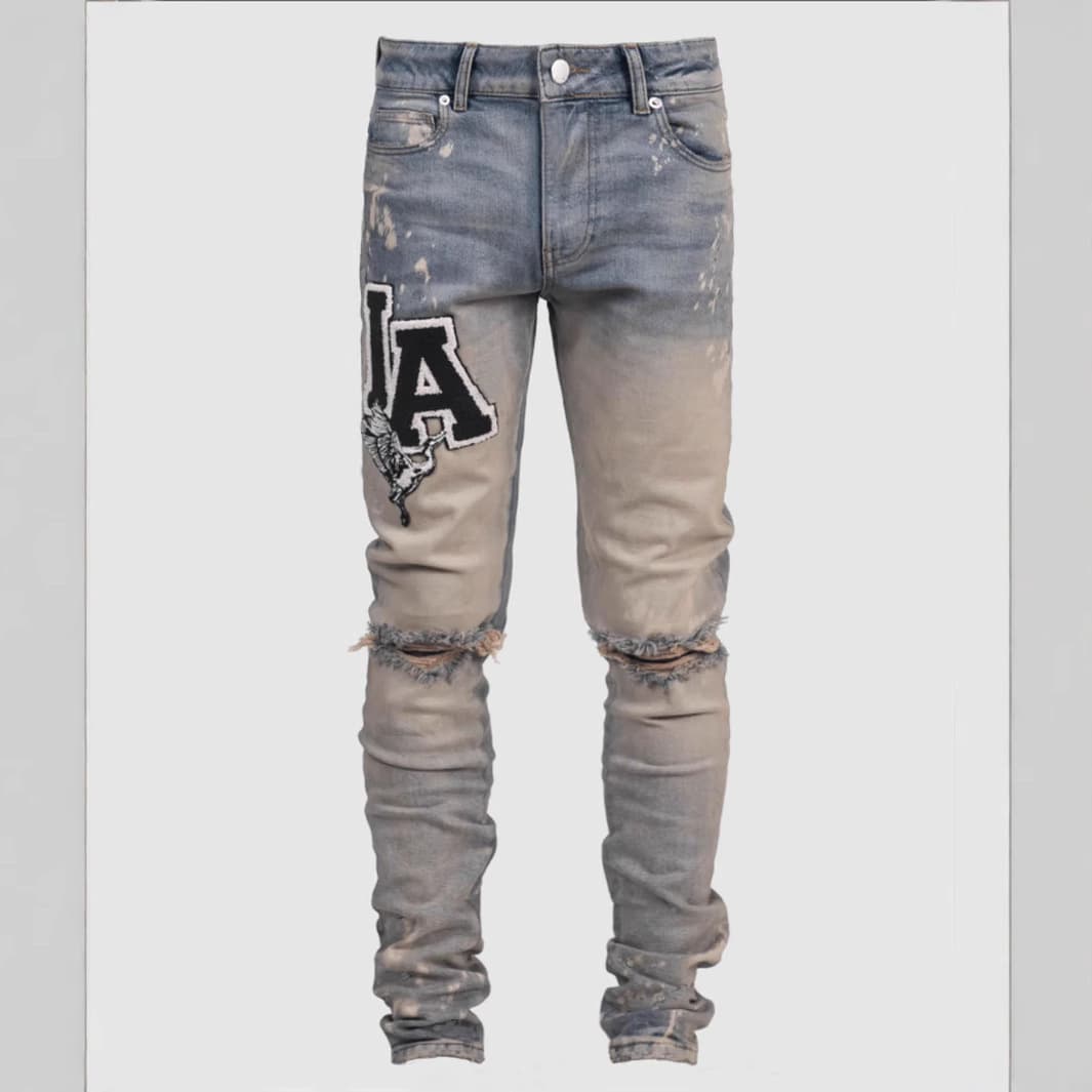 Men's Clothing High Street Fashion Trend Men's Jeans Blue Slim Fit Elastic Patch Print Design Foreign Trade Wholesale Jeans Men
