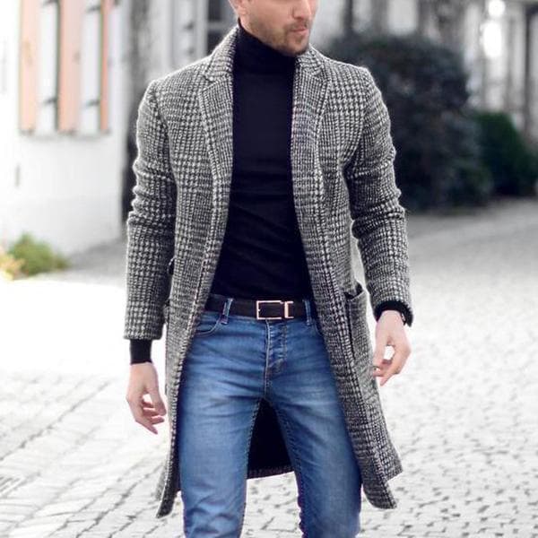 Men's Clothing houndstooth woolen men's coat mid length plaid duffle windbreaker