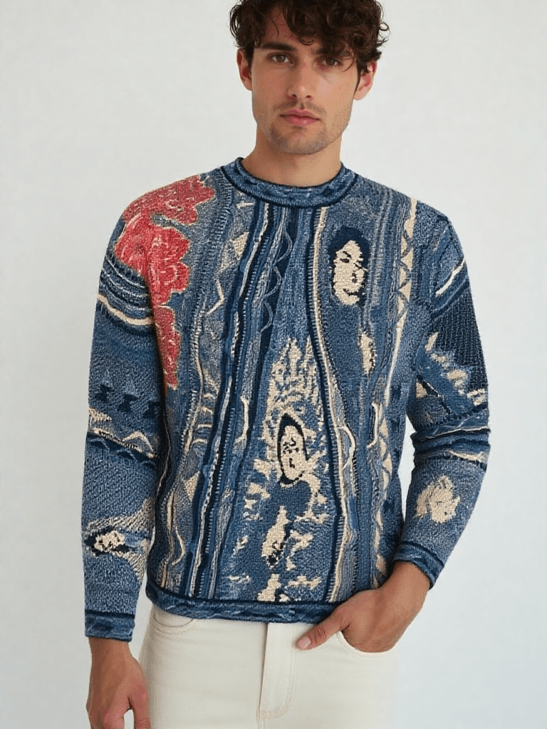 New 3 8 National Casual Tend Fashion 9 Reto Winte Autumn Thick Knit 3D Digital Pint Men's Cew Neck Sweatshit