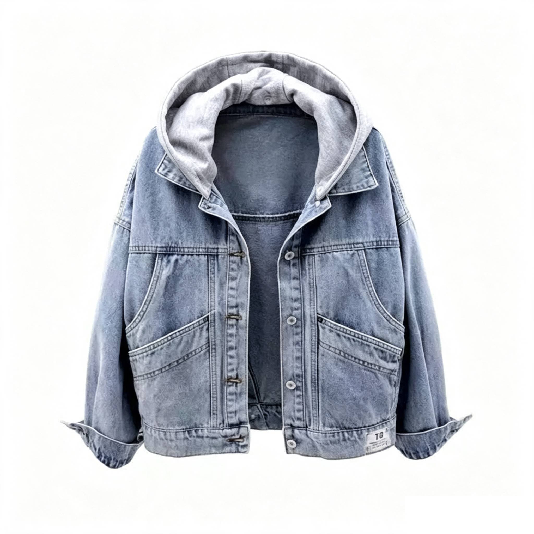 Hooded denim jacket women's short fashion large pocket jacket casual top