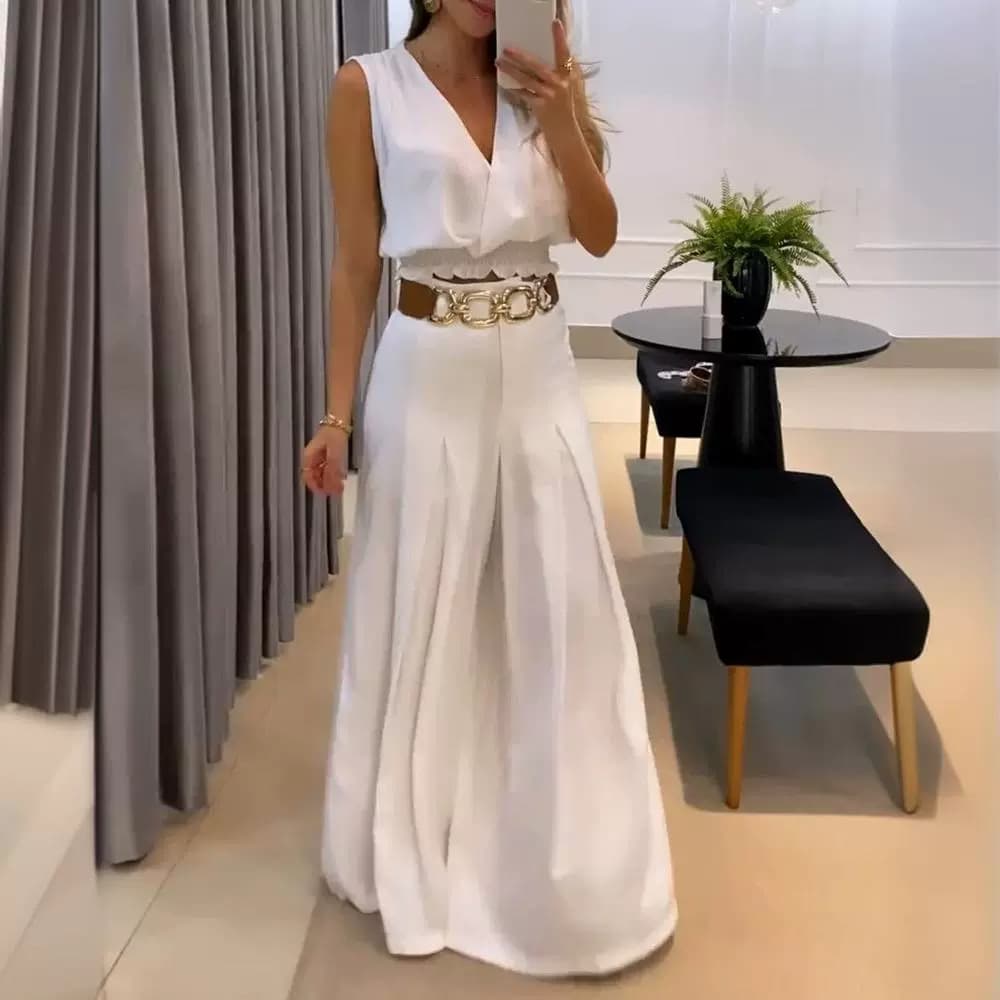 Women's Clothing White Waist Sleeveless V-Neck Vest Set