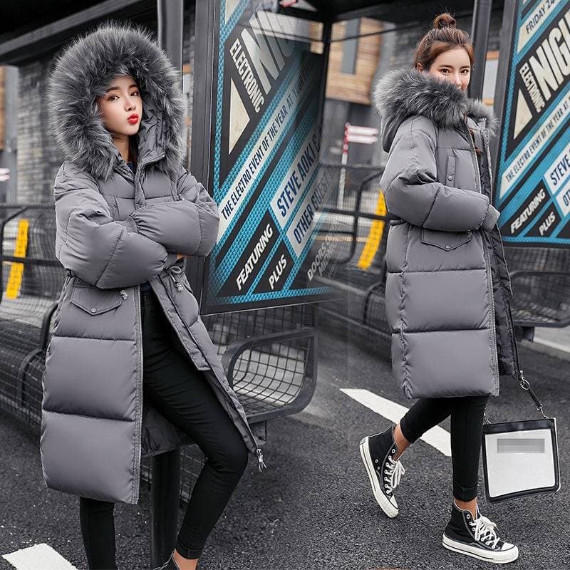 Women's Winter Long Coat With Faux Fur Hooded Parka Jacket Warm Thickened Down-like Polyester Outerwear, Slim Fit Waist Design, Knee-length Overcoat