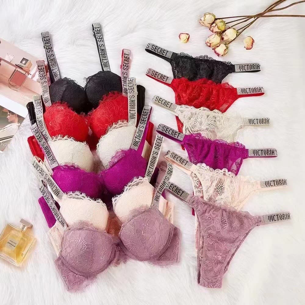 Victoria Lace Diamond Bra And Panty Set For Women, Sexy Lace Diamond Strap Bra Set With Thickened Push-Up Pads, Anti-Sagging Design
