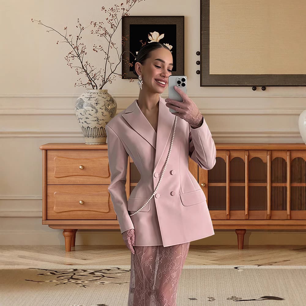 Sophisticated Lace Skirt Suit Set – Slim-Fit Blazer & Sheer Midi Skirt (Office Chic, Dual-Button Closure, Stretch Polyester Blend)