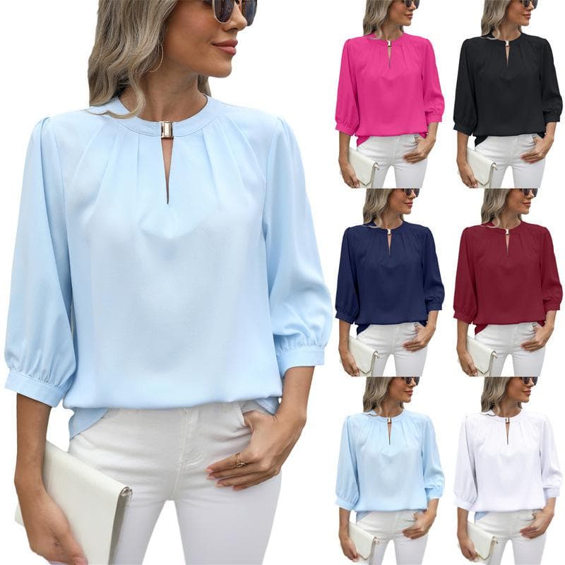 Women's Clothing V Neck Three Quarter Sleeve Loose Chiffon Shirt Tops