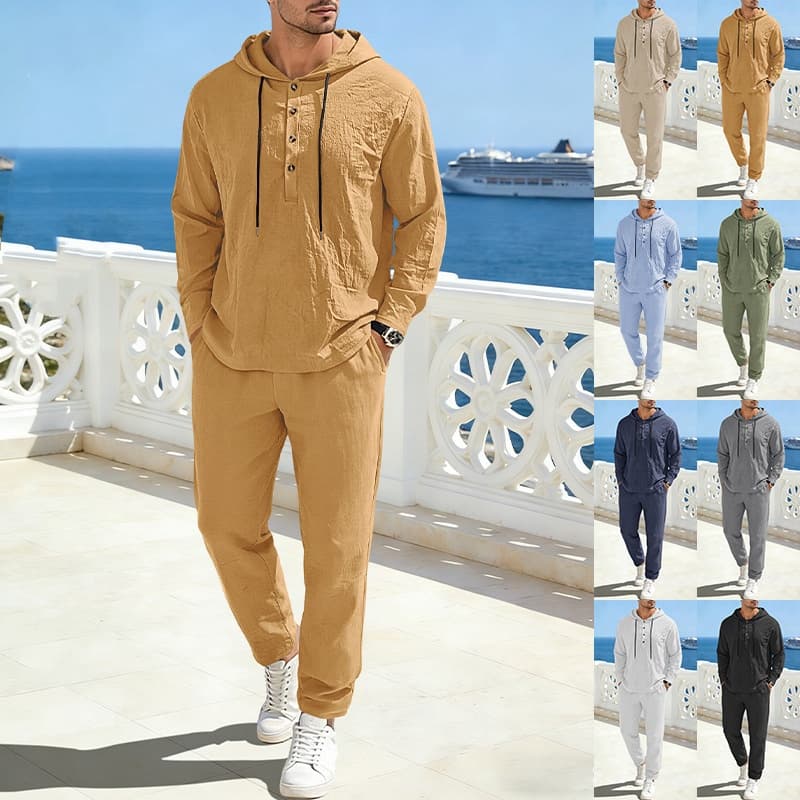 Men's Linen Hooded Drawstring Pants Suit Solid Color Long Sleeve Casual Modern Stylish Spring Autumn Wear