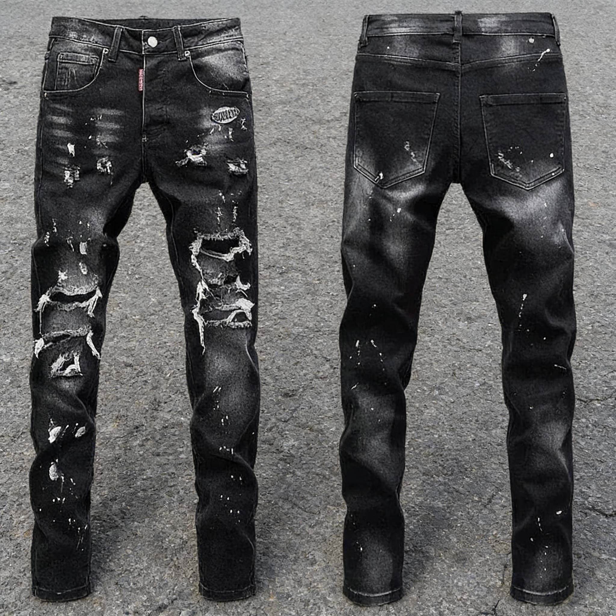 Men's Distressed Black Grey Slim Fit Jeans – Ripped & Washed Denim Pants With Stretch Comfort