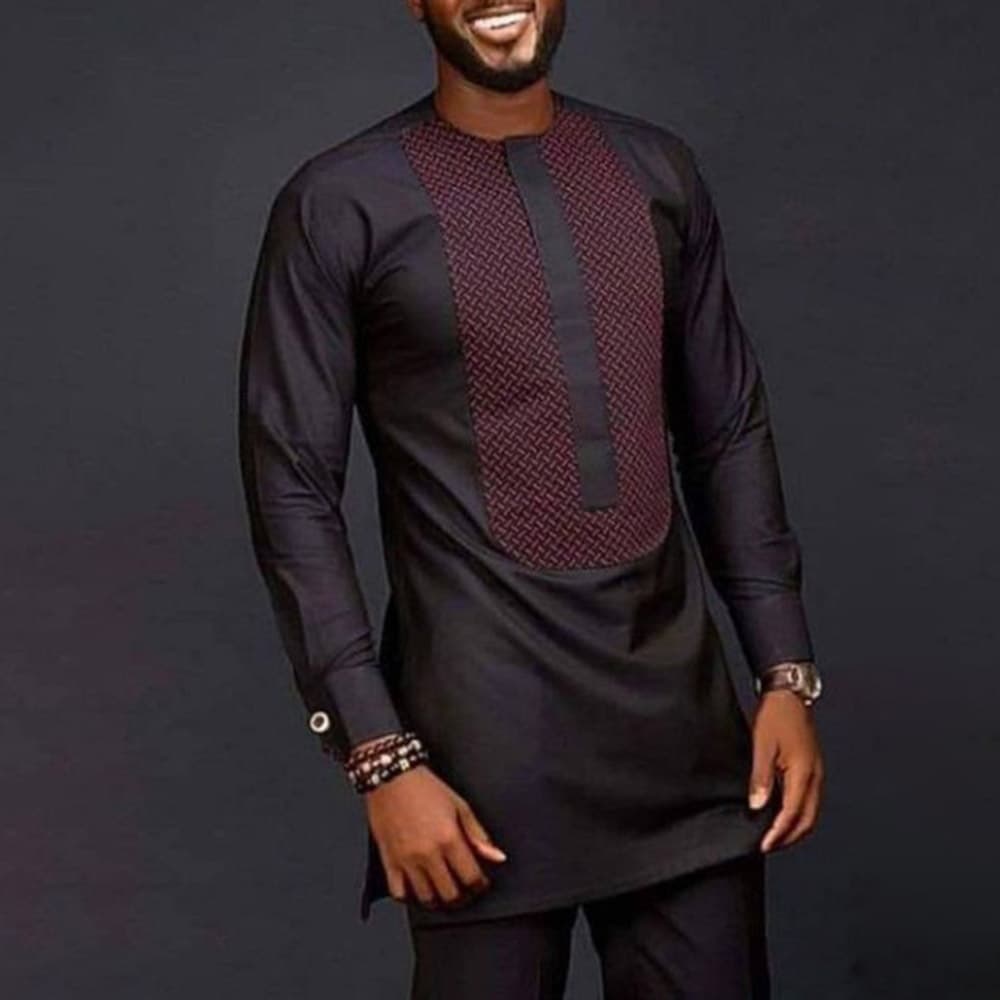 Men's moslem new ethnic style men's suit printed patchwork shirt and solid color pants men's casual suit