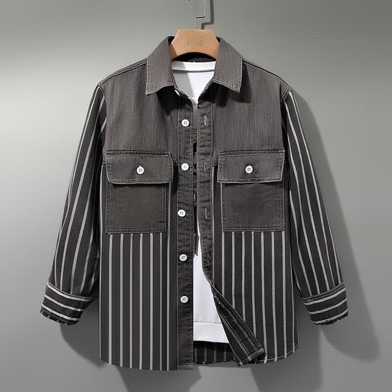 New retro Hong Kong style lapel striped patchwork Japanese long sleeved denim shirt for men, loose fit casual lining clothing for men