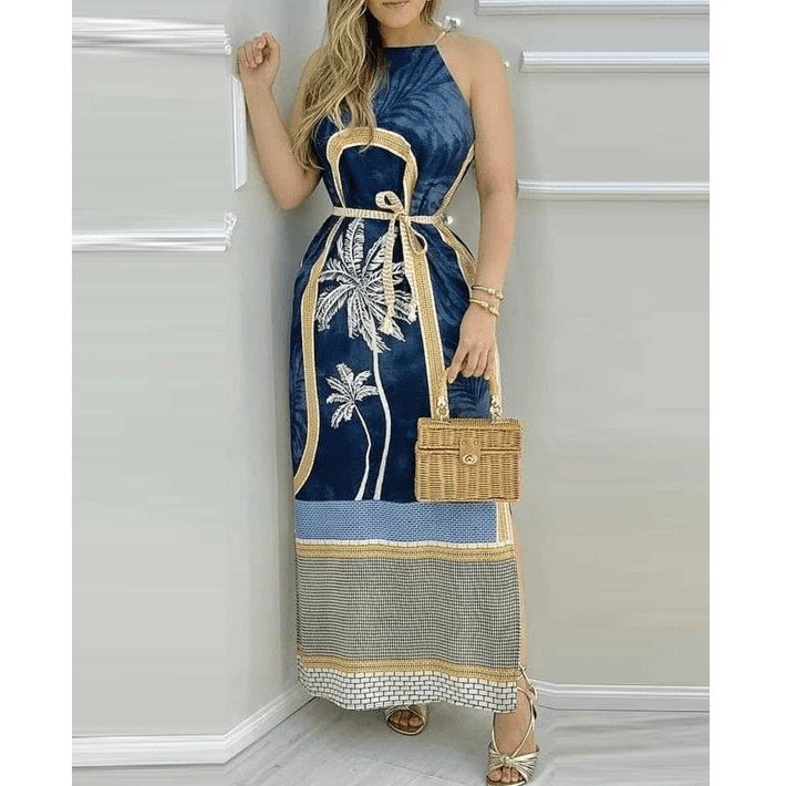 Women's Palm tree print sleeveless side slit maxi dress - belt required
