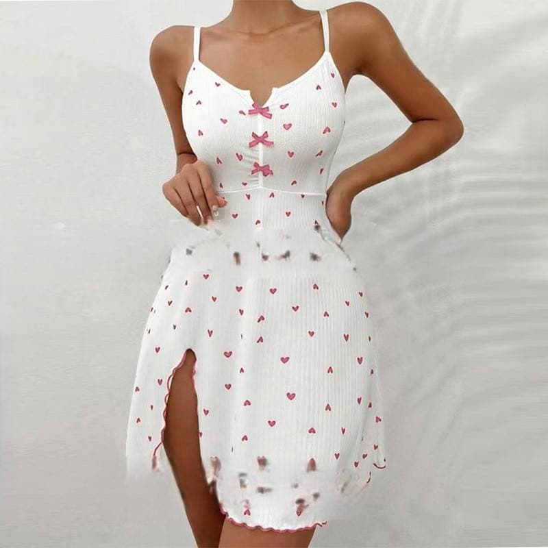 Women's Sleepwears Heart Shaped Print Hot Girl Contrast Color Home Nightdress Slit Suspender Pajamas Butterfly ·