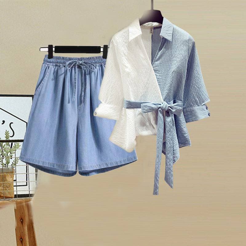 Women's Clothing Summer Suit For Women New Fashion Fashionable Flesh-covering Slimming Top High-waisted Jeans Two-piece Set