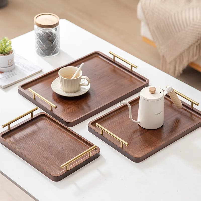 Wooden Serving Tray - Rectangular With Gold Handles