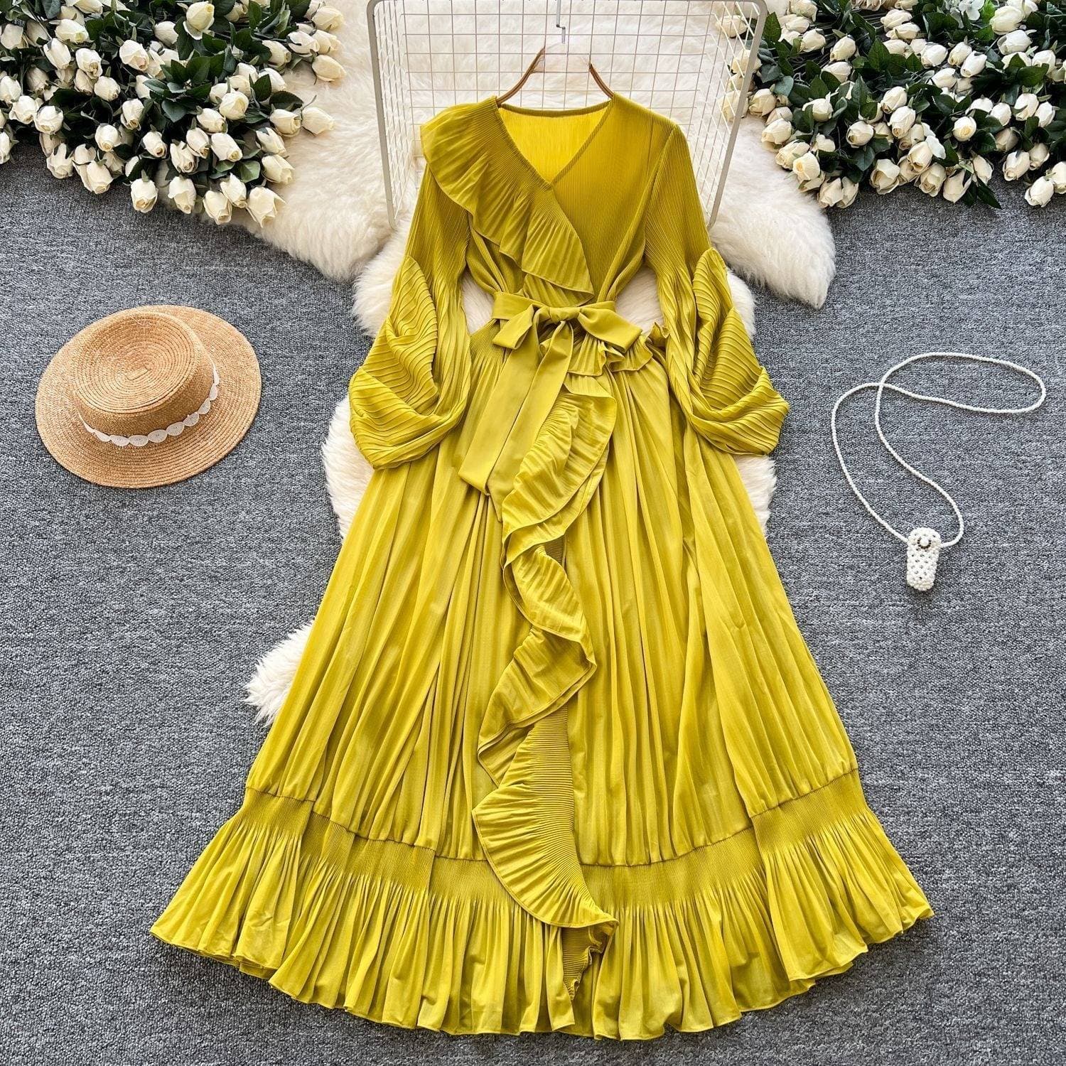 Women's Clothing Lady Pleated V Neck Long Sleeved Tie Up Ruffled Waist Dress Female Elegant Long Skirt