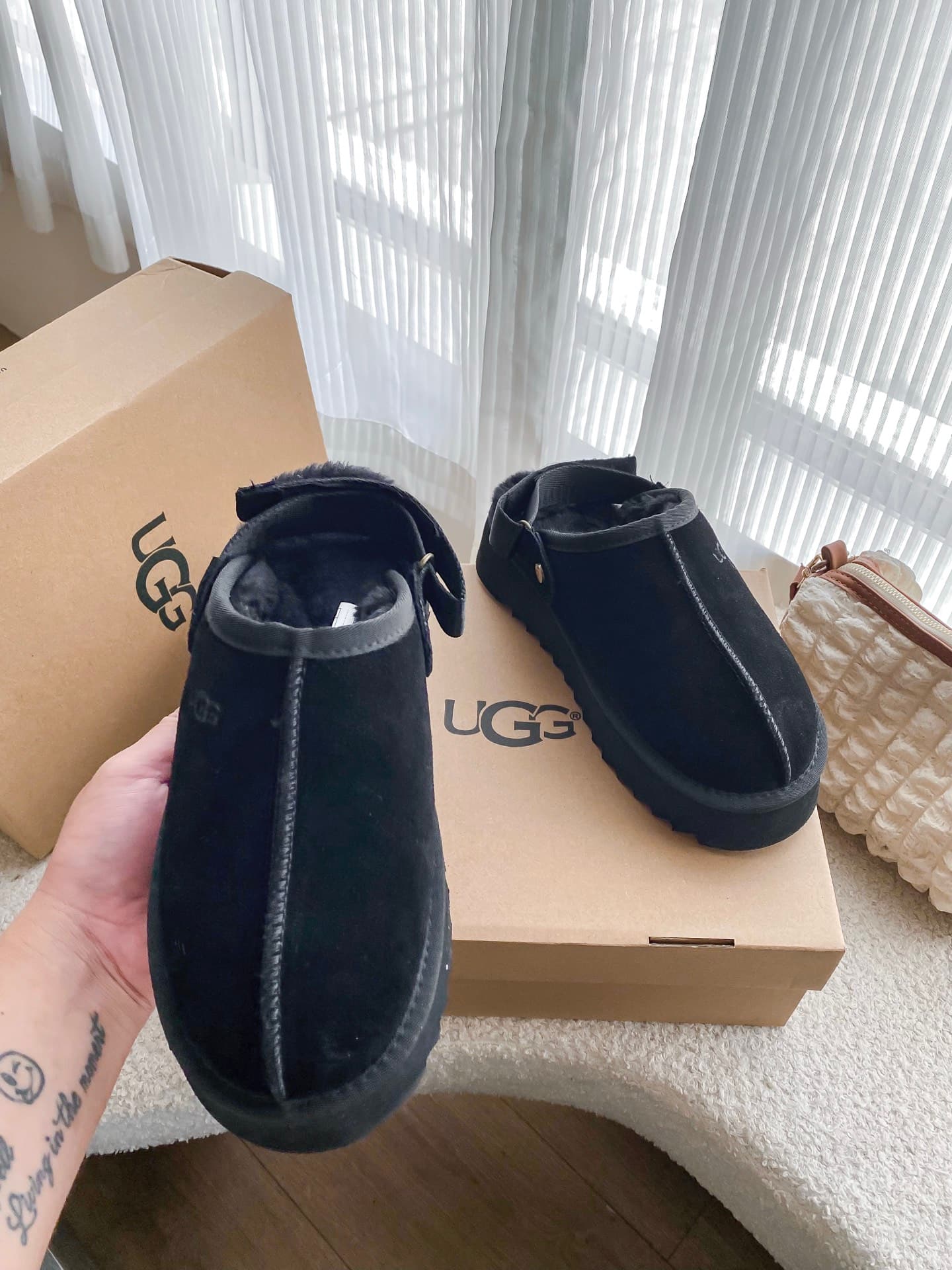 Sabots UGG pour femme en daim à plateforme, mules à bride arrière, chaussures d'hiver chaudes doublées de fourrure, semelle épaisse, gris, chât