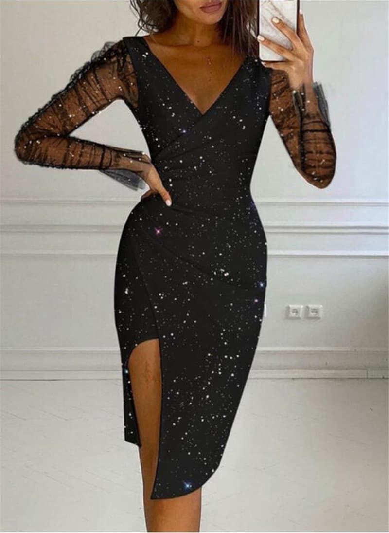 Women’s Clothing autumn and winter hot diamond V neck hip hugging sexy mesh dress for women