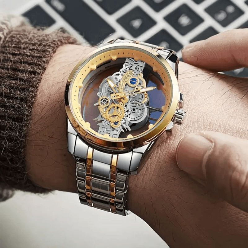 Men's Stainless Steel Skeleton Automatic Watch With Luminous Hands, Water Resistant 30M, Round Dial, Mineral Glass, Fashion Casual Dress Watch
