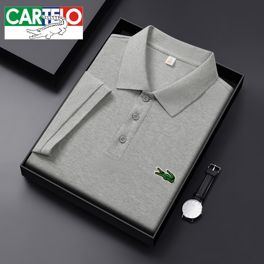 CARTELO Crocodile Men‘s Short Sleeve Polo Shirt - Light Blue Pique Cotton, Breathable & Wrinkle-Resistant, Classic Green Crocodile Logo, Summer Casual