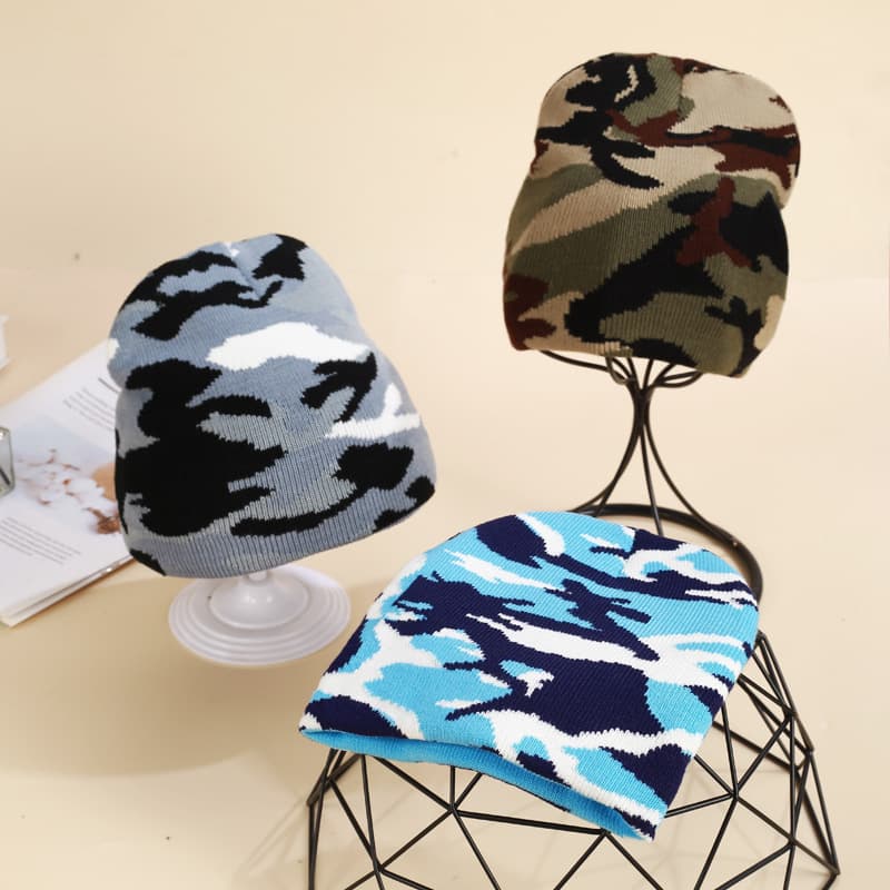 Bonnet tricoté camouflage jacquard, bonnet en laine, pull pour l'automne et l'hiver, bonnet pour parents et enfants, bonnet chaud pour le ski en plein air
