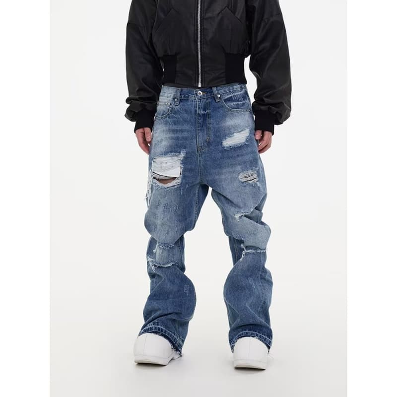 Men's Clothing High Street Ripped Washed Design Flared Jeans American Street Style Tall Straight Cleanfit Trousers