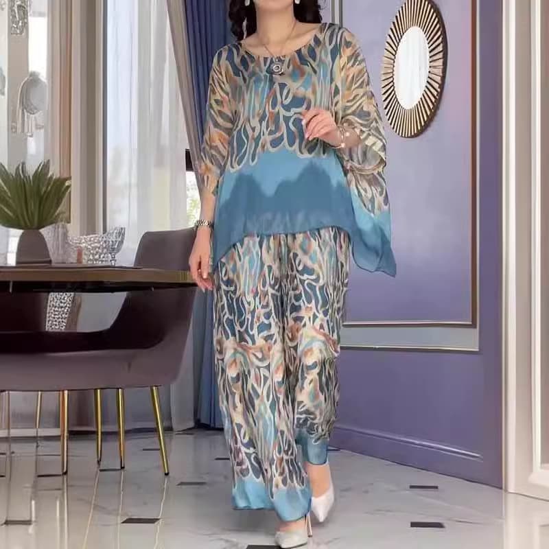 Women's Clothing autumn new fashion printed round neck loose wide leg pants casual two piece suit