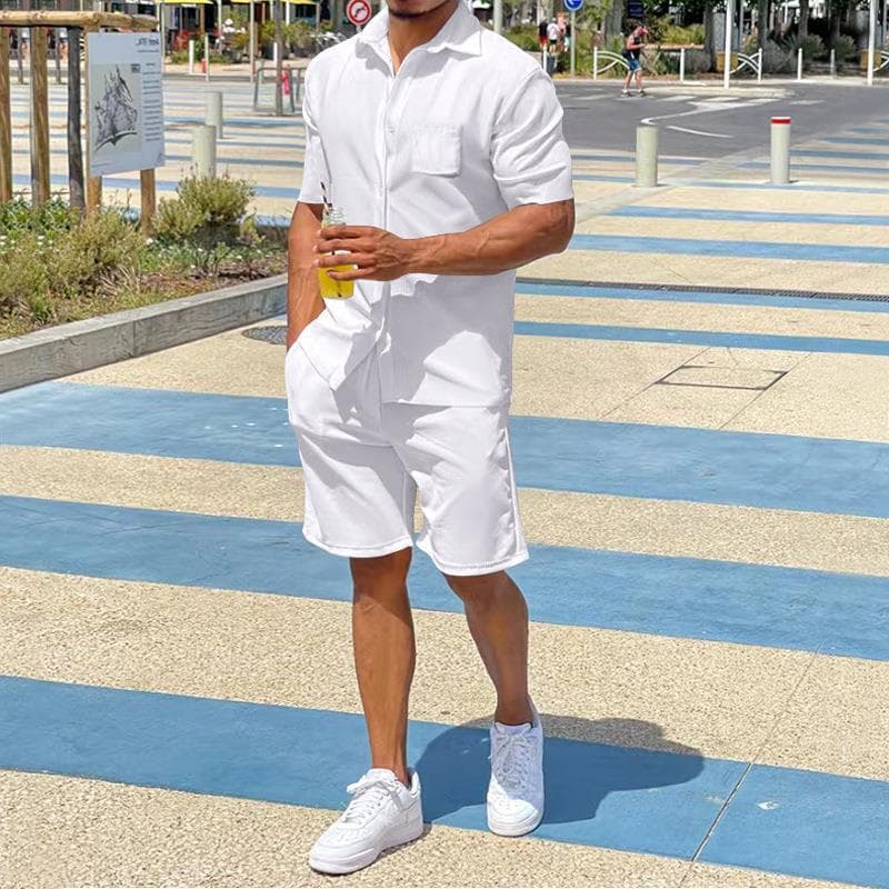 Men's Clothing Summer Short Sleeved Shorts Suit Linen Thin Lapel Loose Solid Color Suit