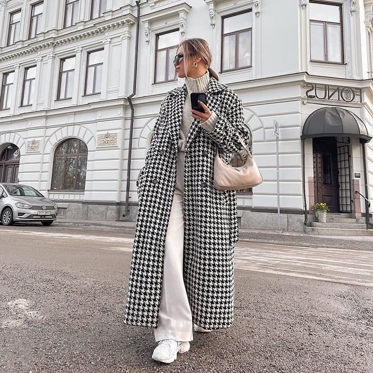 Women's Clothing Houndstooth Long Windbreaker High-end Fashion Coat Black And White Light Mature Coat For Women
