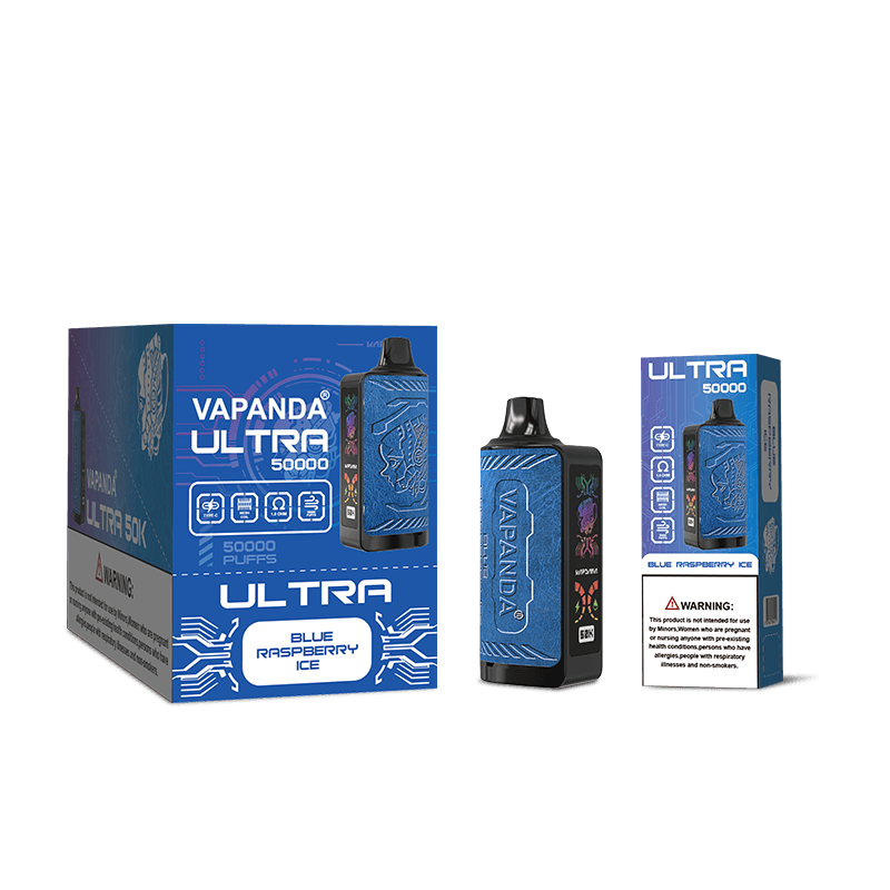 Vapanda Ultra 50k Vape, cigarette électronique jetable de luxe avec écran latéral et cuir, très tendance.