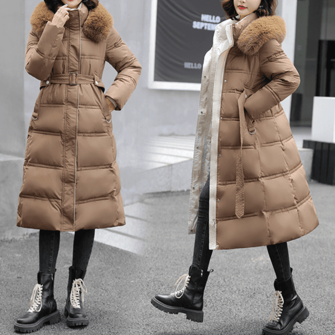 Women's Warm Jacket Padded Jacket Women's Long Over The Knee Big Hair Collar Korean Version Slimming Belt Padded Jacket