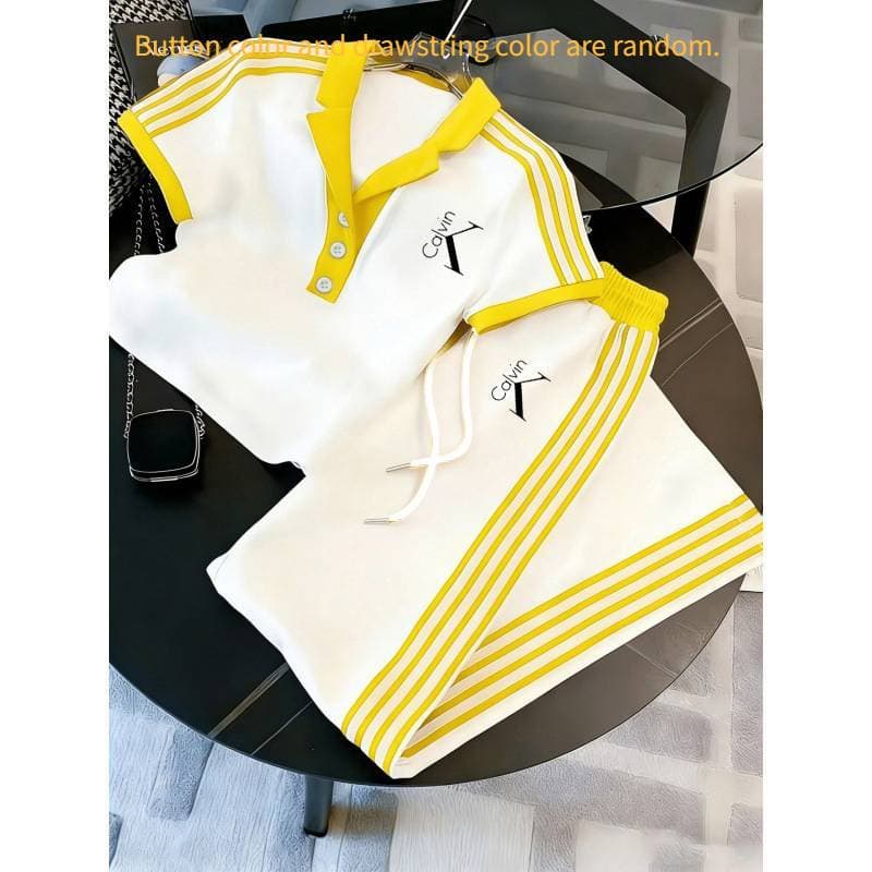 Ensemble polo à rayures colorées pour femme - Vêtements de sport d'été à imprimé lettres
