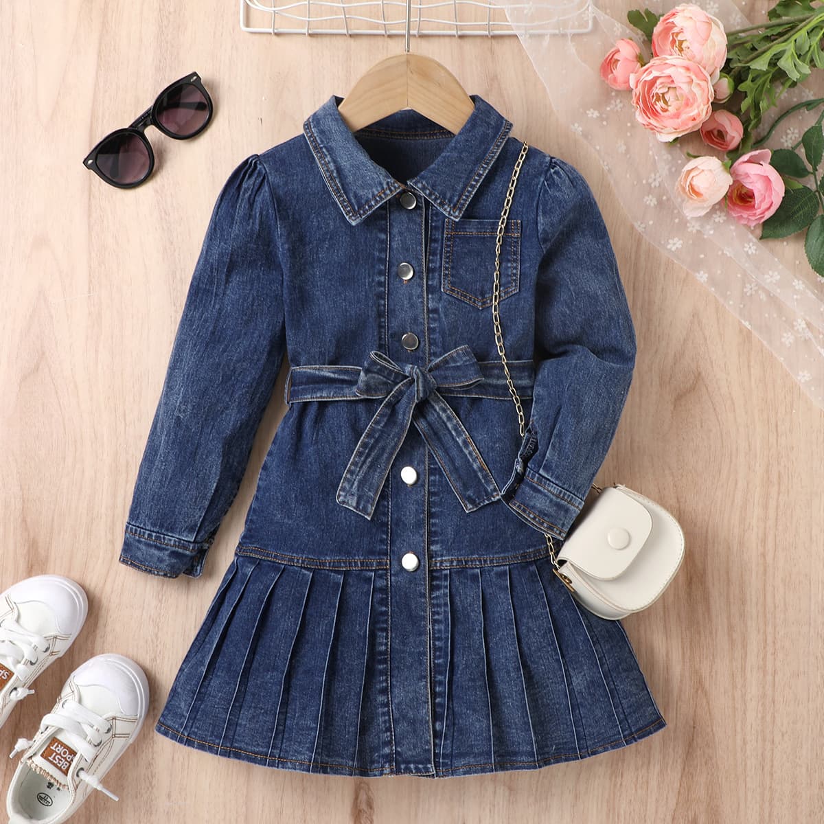 Girls' Denim Two-Piece Set - Long Sleeve Pleated Shirt & Bow Belt Cardigan Skirt, Cute Casual Outfit For Toddlers