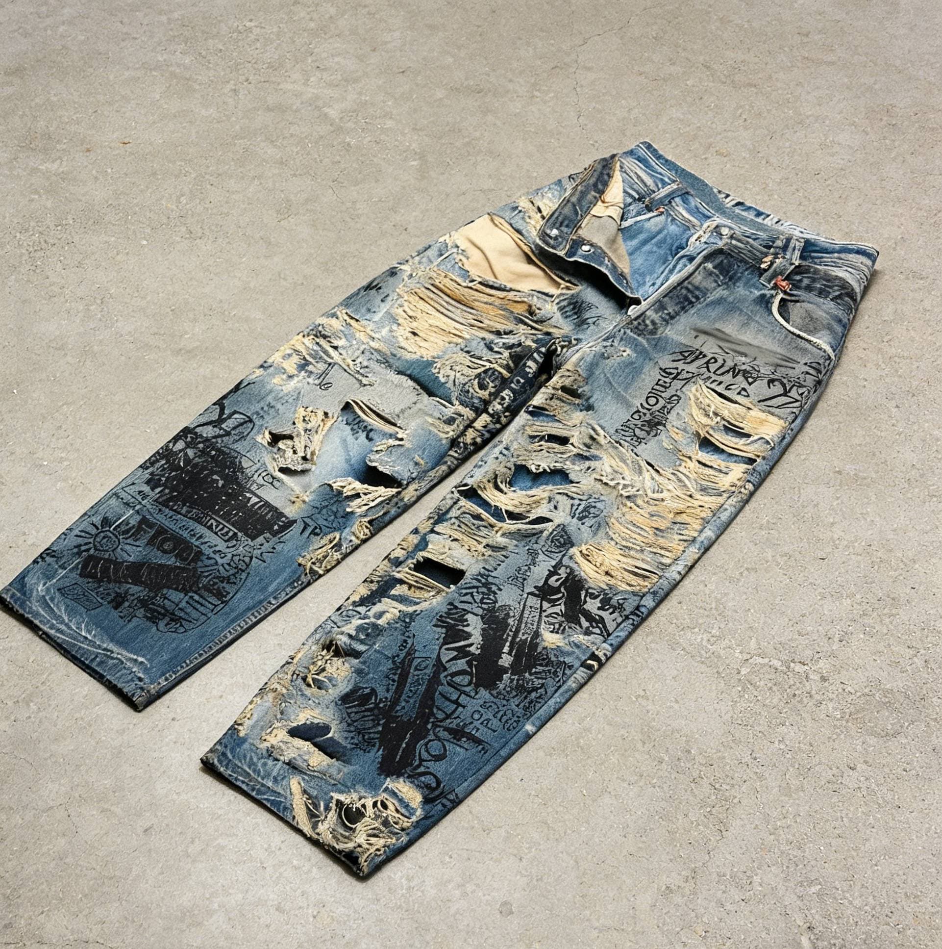 Hip-hop Style Men's Distressed Baggy Jeans 3D Digital Print Graffiti Wide Leg Denim Pants AC Style Midweight Cotton Straight Pants For All Seasons