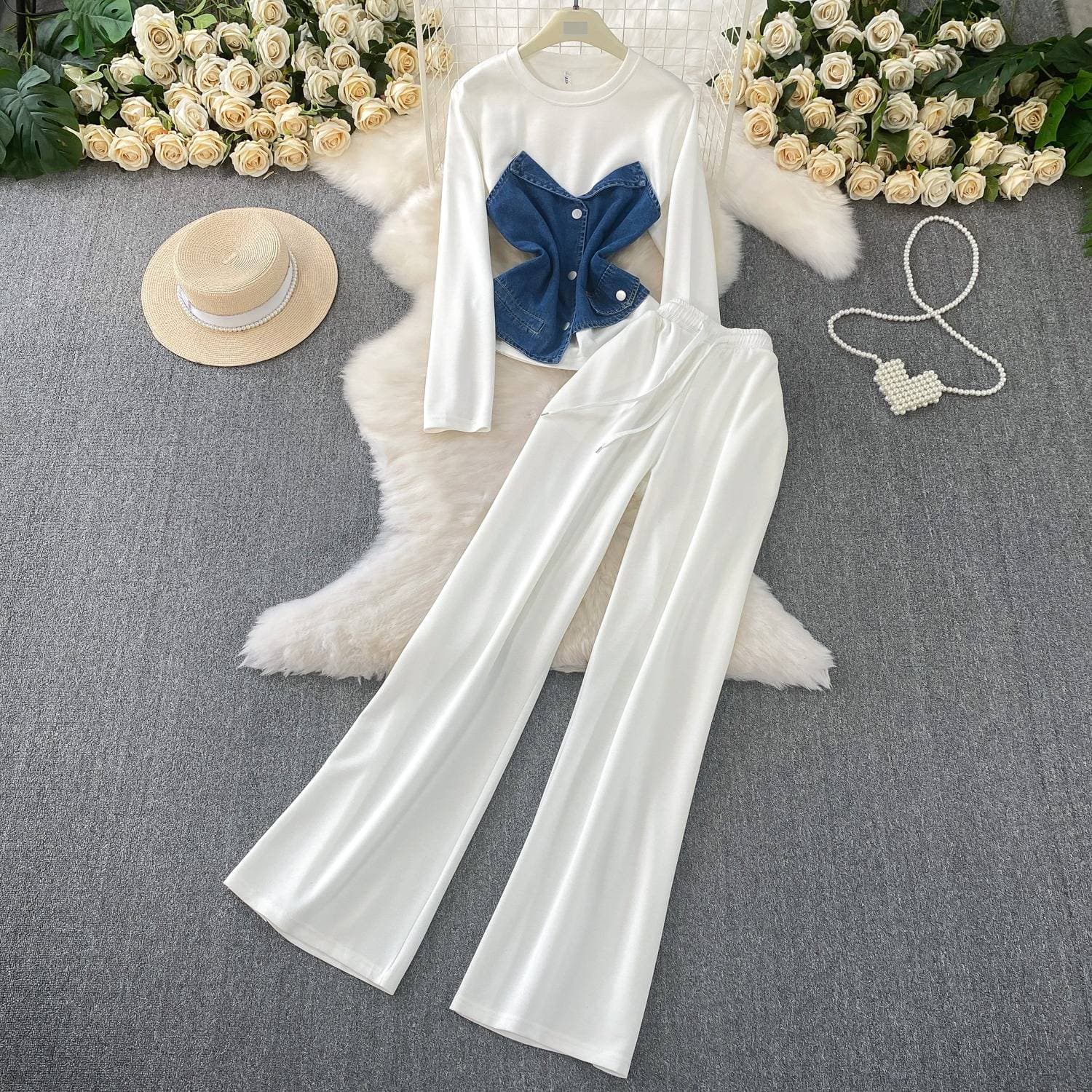 Stylish Chic Two-Piece Denim Long Sleeve T-Shirt With High-Waist Flare Pants Set - Slimming & Trendy Outfit For Women (White/Black, M-3xl)