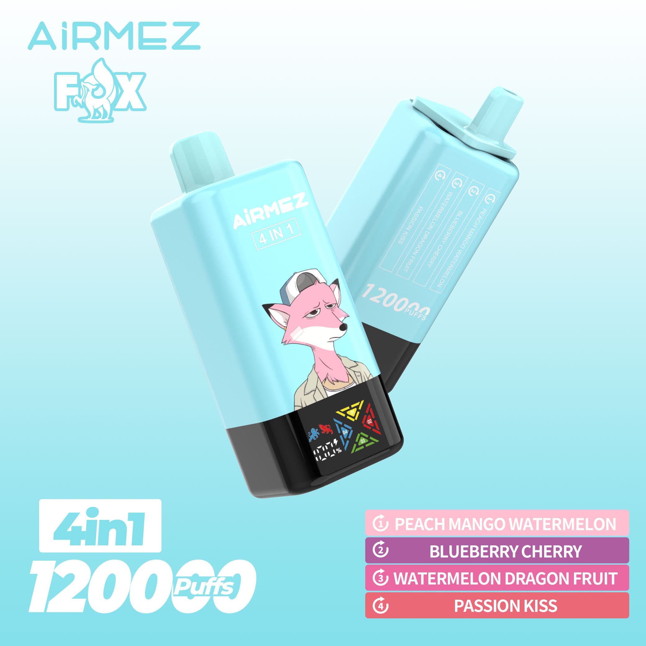 Airmez Fox 120K bouffées, 4 saveurs en 1, nouvelle cigarette électronique rechargeable originale avec écran LCD, jetable, entrepôt UE