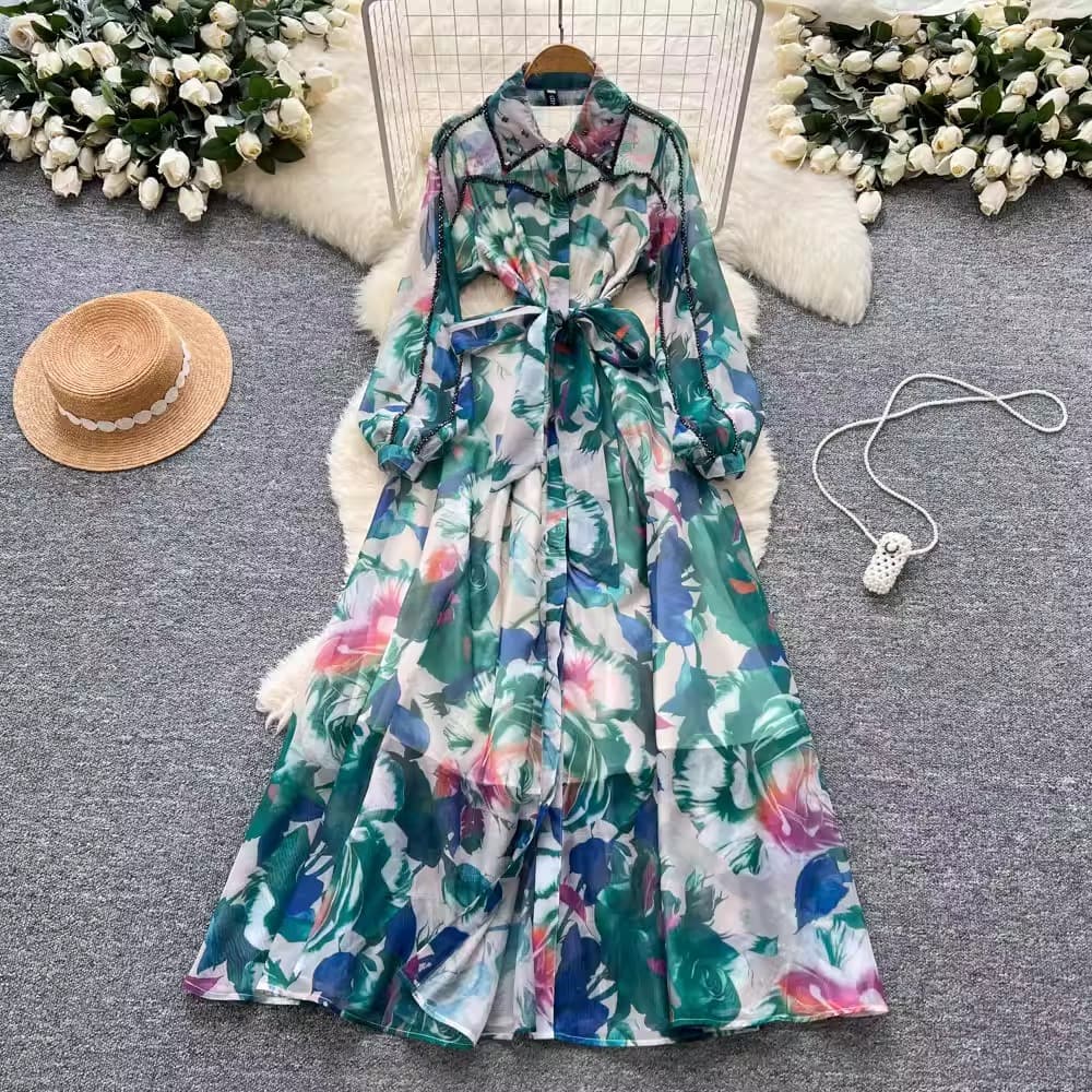 Elegant French-Inspired Embellished Beaded Collar Long Sleeve Printed Wrap Dress With Belt & Button Closure