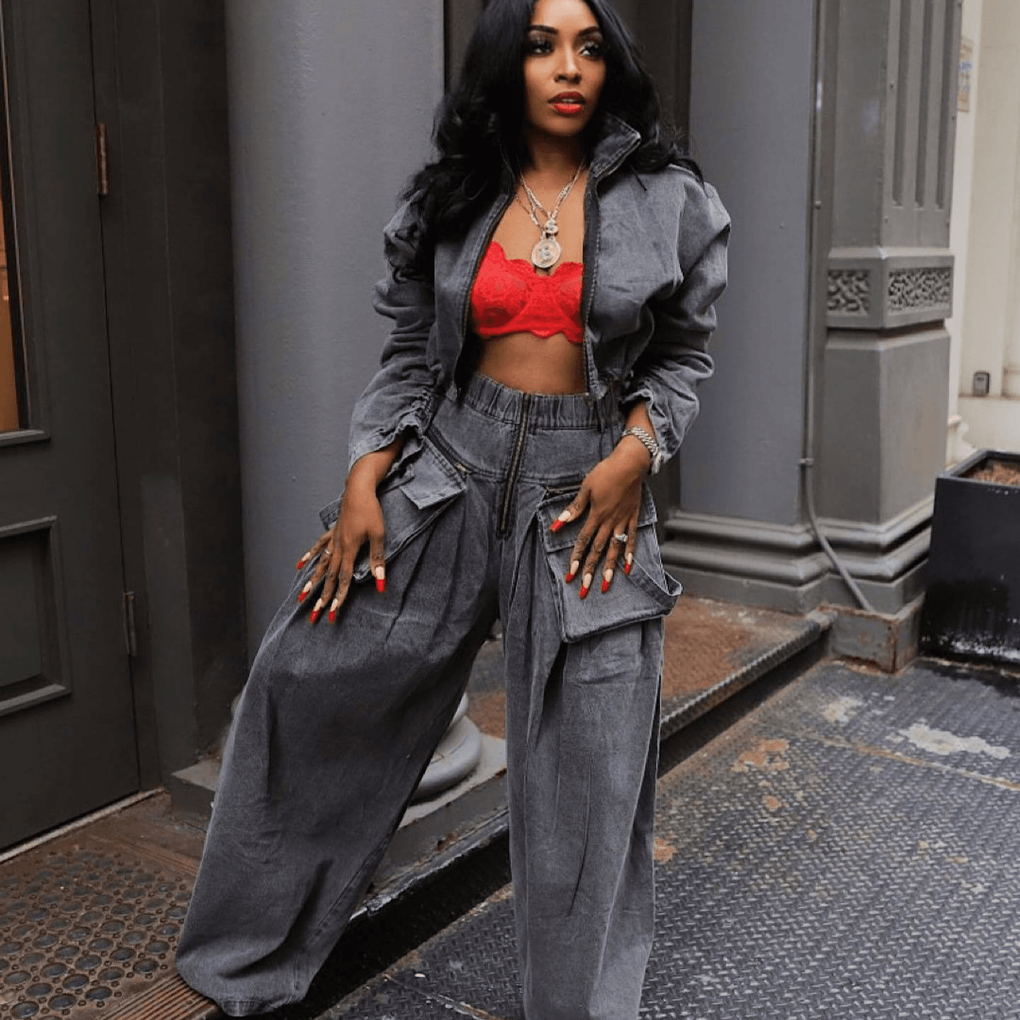 Women's Clothing fashion Retro Wide leg Loose Heavy duty denim two piece suit Women's clothing