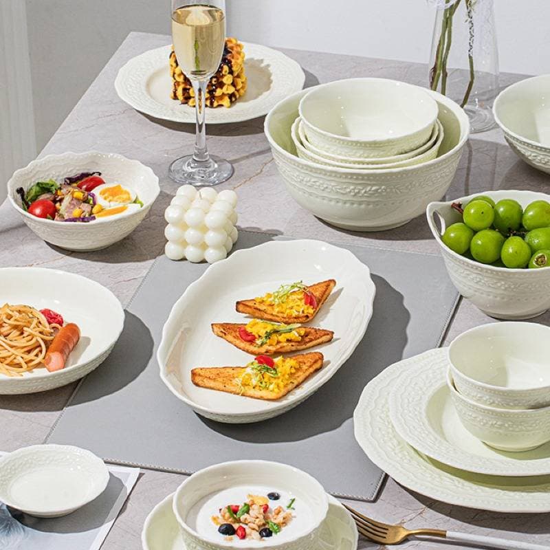 Modern Wave Green Ceramic Dinnerware Set - 4 To 12.5 Inch Plates, Bowls & Serving Dishes For Restaurant & Home Use