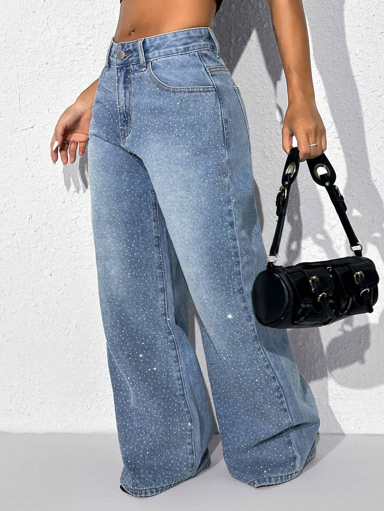 European And American Women's Hot Pressed Diamond Washed Denim Jeans In Large Size, Low Waist, Loose Button, Straight Leg Denim Pants For Women