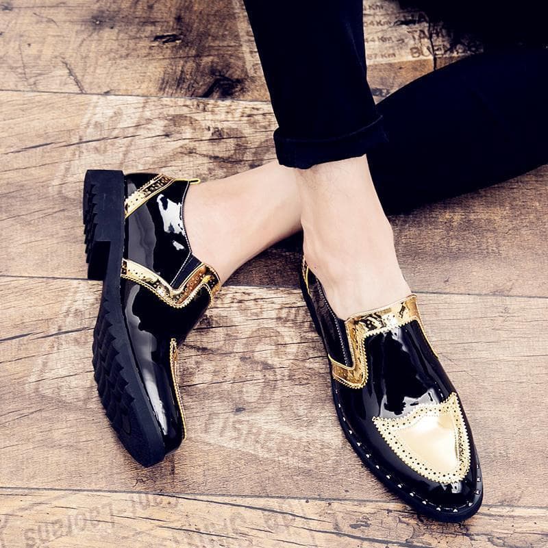 Casual Leather Gold Shiny Slip-on Loafers For Nightclubs, Hairstylists, Trendy Soft-soled Moccasins, Business And