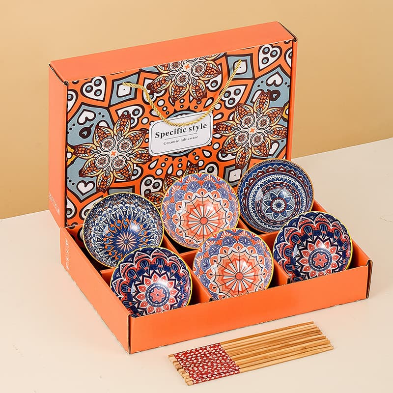 Bohemian Ceramic Bowl & Bamboo Chopsticks Gift Set – Hand-Painted Floral Tableware, Microwave-Safe, Custom Logo Option (11.5cm Diameter)