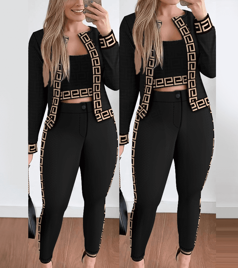 Women's Fashion Brown Small Plaid Print Slim Fit Color-blocked Jacket And Leggings Set (3-piece Set)