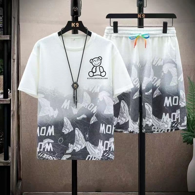 Men's Clothing Summer Thin Fashion Outer Wear Short-sleeved Shorts Suit Men's Trendy Brand Loose Slim Print Men's Casual Two-piece Suit