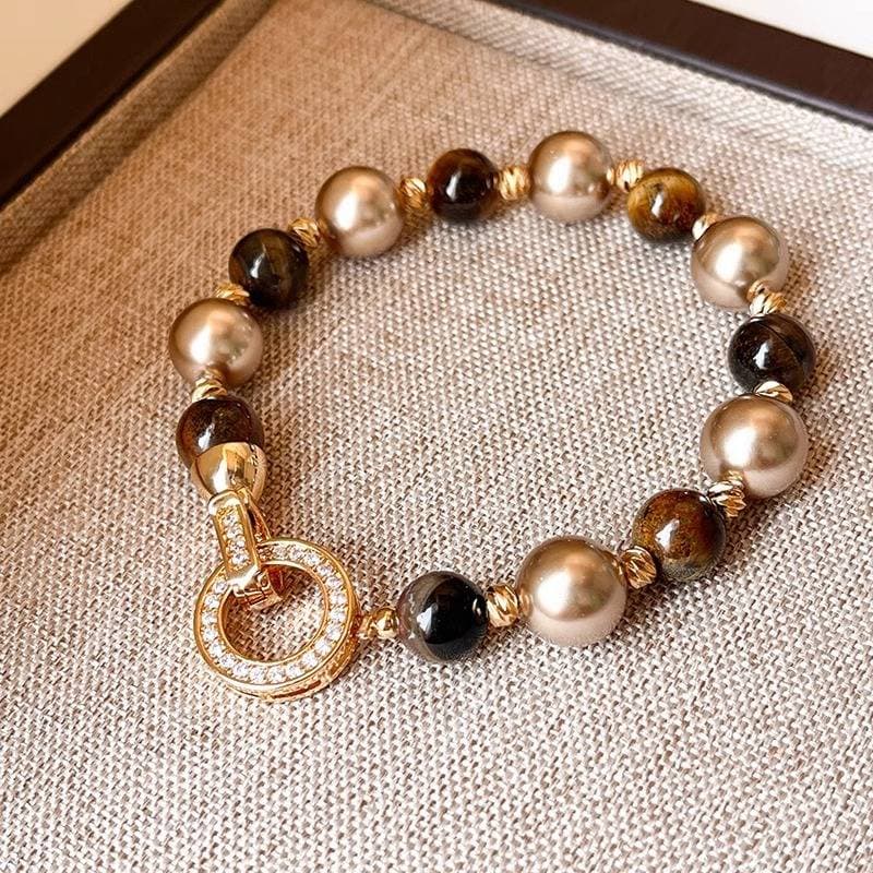 Women's Bracelets Tiger Eye Stone Bracelet – Pearl & Zircon Beaded Chain (Vintage Clasp & Stackable)