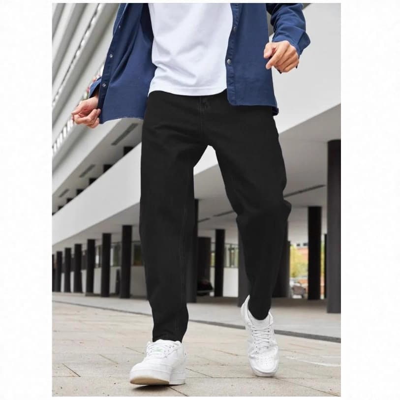 Men's Black Stretch Jeans Mid Waist Straight Pants Long Trousers Softener Fabric Machine Washable