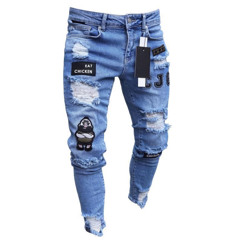 Stretchy Men's Tight Jeans With Embroidered Holes Slim-fit Pants