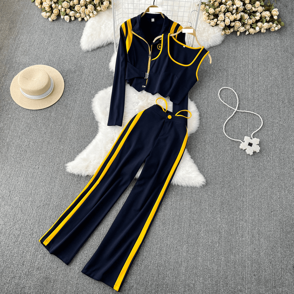 Women's Clothing Women's Autumn and Winter Korean Style Contrast Color Stand Collar Jacket Three piece Set Vest High Waisted Wide Leg Pants