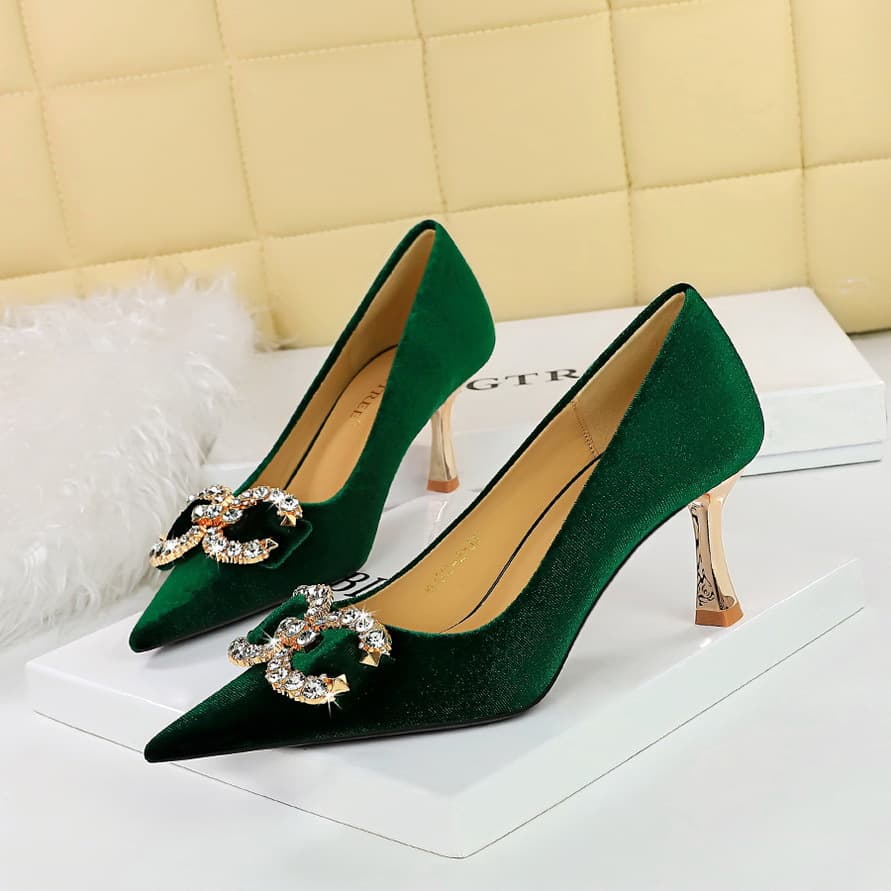 1818-K77 Banquet Heels Women's High Heel Shallow Pointed Toe Velvet Rhinestone Buckle Bowknot Single Shoes For Women