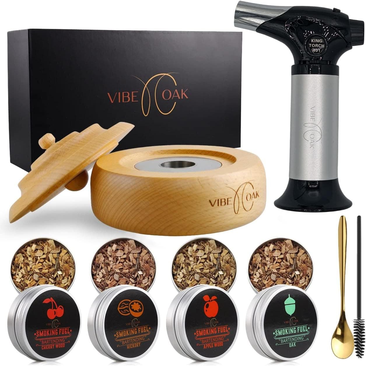 Kit With Torch 4 Flavors Wood Chips Bourbon - Cocktail Smoker Drink Whiskey Gift For A Friend - Easy To Use Drink Smoker Old Fashioned Cocktail Kit