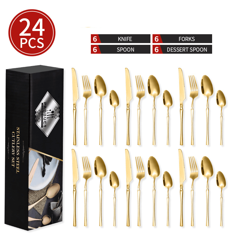 Popular Stainless Steel Tableware Small Waist Knife Fork Spoon 24 Piece Set Western Restaurant Four Piece Knife Fork Spoon Set
